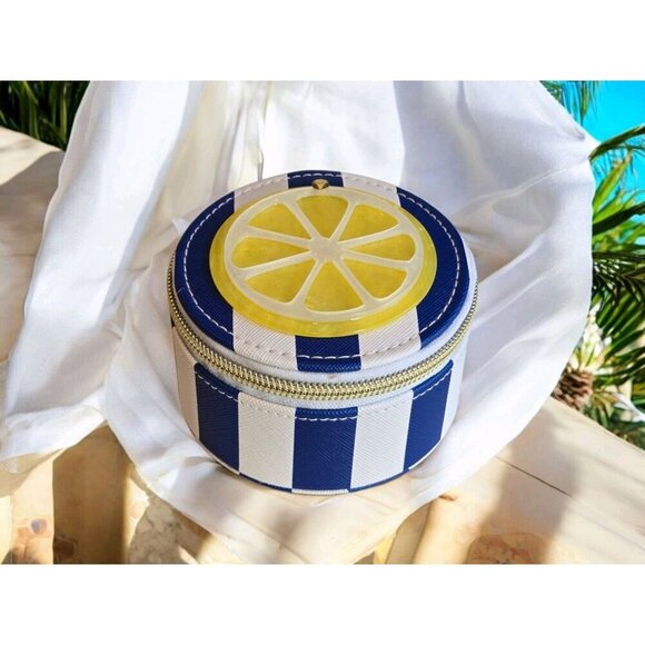 New Blue & White Stripped Beach Lemon Slice Summer Travel Jewelry Box Case - Picture 1 of 3